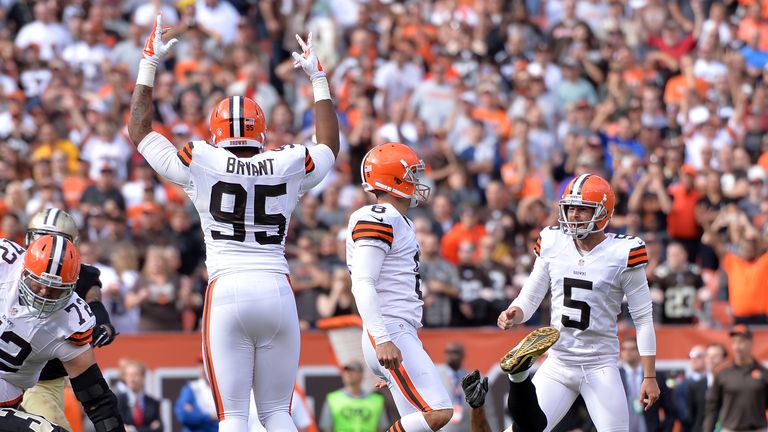 Billy Cundiff of the Cleveland Browns celebrates his game winning field goal v New Orleans