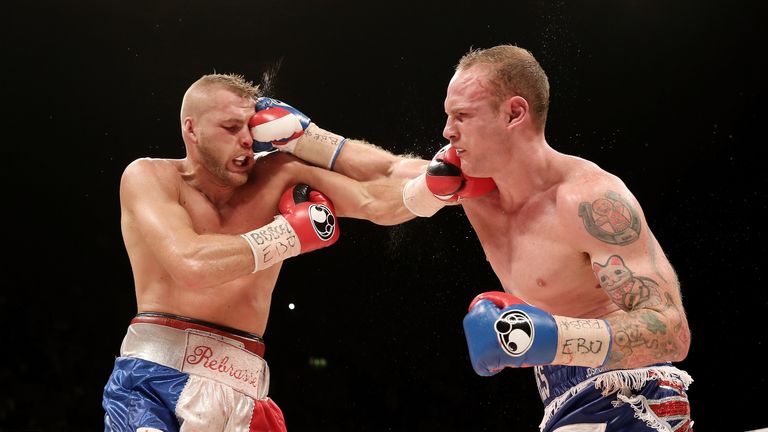 George Groves in action with Christopher Rebrasse during their WBC Final Eliminator & European Super Middleweight bout at Wembley Arena