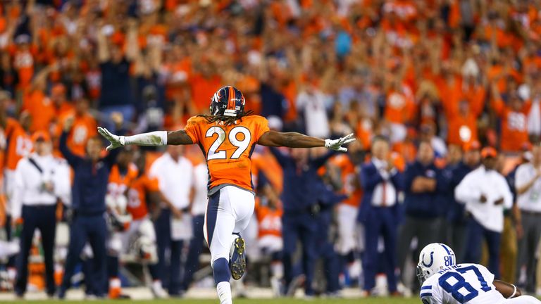 Denver Broncos cornerback Bradley Roby celebrates against the Indianapolis Colts 