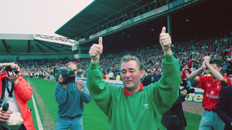 NOTTINGHAM, UNITED KINGDOM - MAY 01:  Nottingham Forest mananger Brian Clough salutes the fans after his last game in charge of the club before retiring. 
