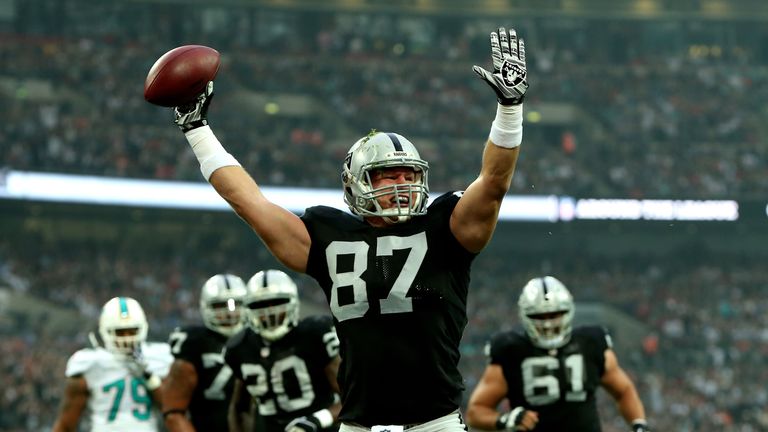 Brian Leonhardt of the Oakland Raiders celebrates a touchdown