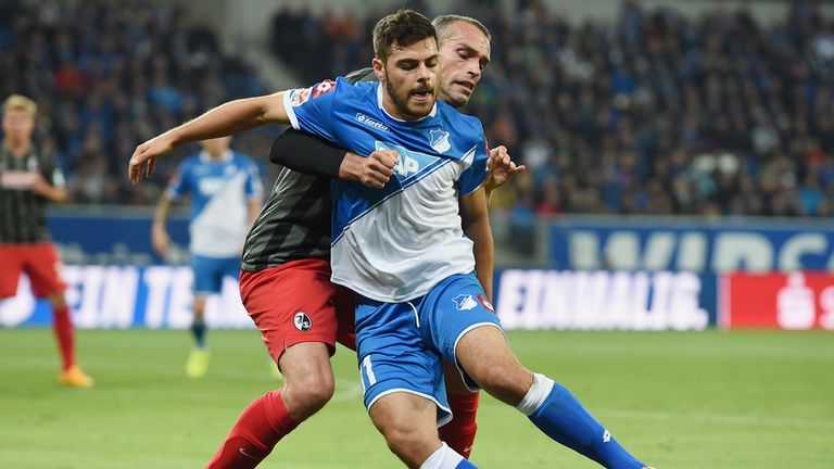 Pavel Krmas of Freiburg and Kevin Volland of Hoffenheim compete for the ball during the Bundesliga match