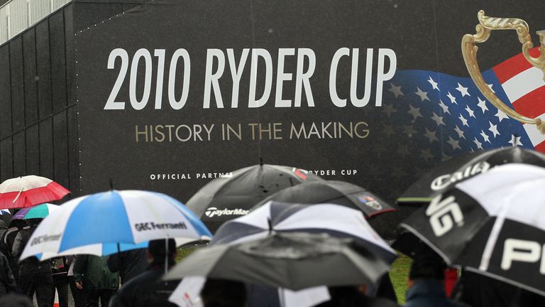 Spectators with umbrellas during the 2010 Ryder Cup at Celtic Manor