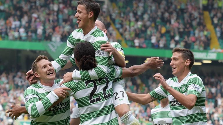 Celtic celebrate their opening goal against Aberdeen - scored by Jesan Denayer (22)