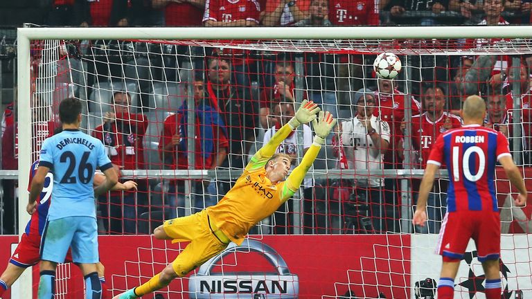 Joe Hart of Manchester City fails to stop the shot by Jerome Boateng (not in picture) as Bayern Munich win 1-0