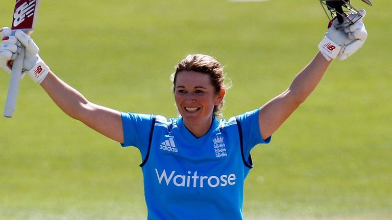 Charlotte Edwards celebrates her century against India in the second ODI