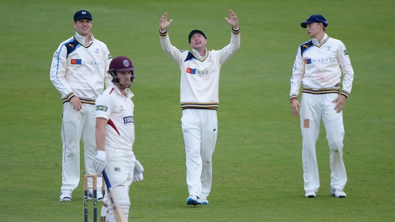 Adam Lyth of Yorkshire reacts after an appeals is turned down during day three of the LV County Championship division one match against Somerset