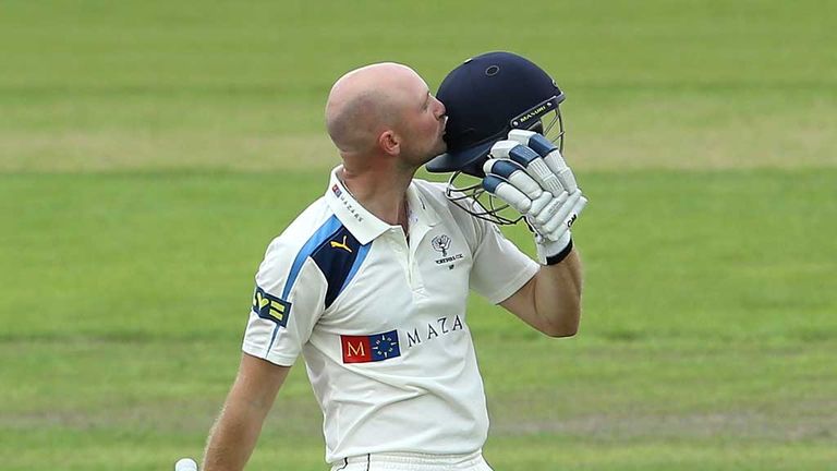 MANCHESTER, ENGLAND - SEPTEMBER 01:  Adam Lyth of Yorkshire celebrates his century during the LV County Championship match between Lancashire and Yorkshire