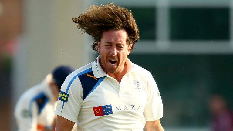 Ryan Sidebottom of Yorkshire celebrates taking the wicket of Riki Wessels of Notts during the third day of the LV County Championship match