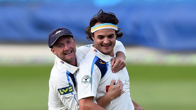 Yorkshire's Jack Brooks celebrates taking the wicket of Nottinghamshire's Alex Hales during day two of the LV= County Championship Division One clash
