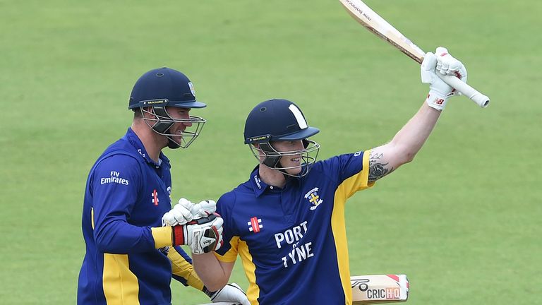 Ben Stokes (R) of Durham reacts with John Hastings after reaching 150 during the Royal London One Day Cup 2014 