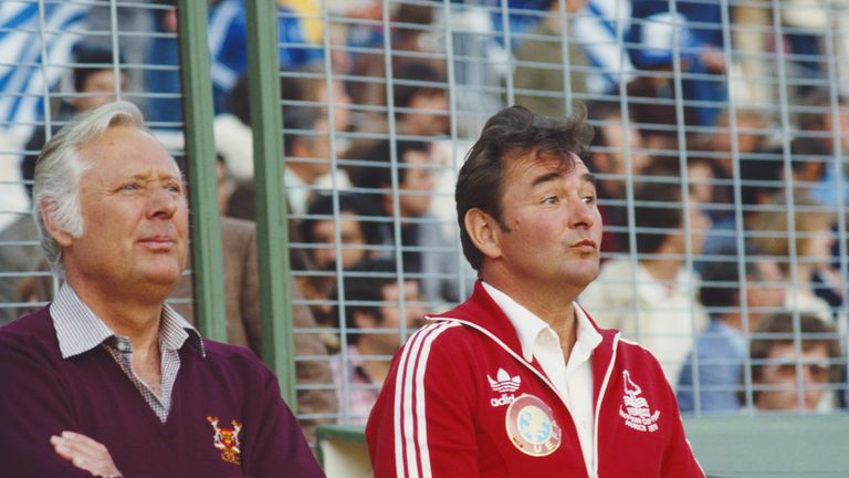 MUNICH - MAY 30:  Nottingham Forest manager Brian Clough (R) and assistant Peter Taylor look on before the 1979 European Cup Final between Forest and Malmo
