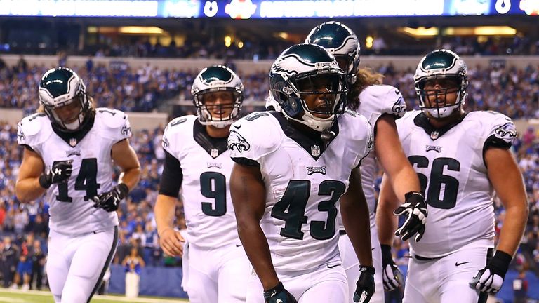 Darren Sproles #43 of the Philadelphia Eagles celebrates a third quarter touchdown against the Indianapolis Colts