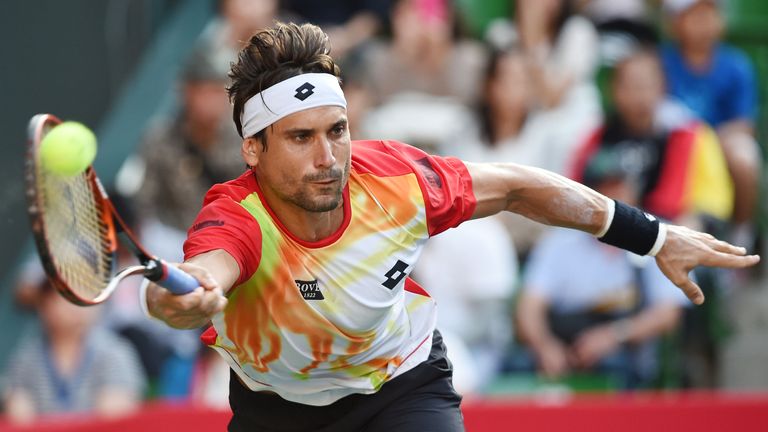 David Ferrer in action during the men's singles first round match against Marcel Granollers at the Japan Open