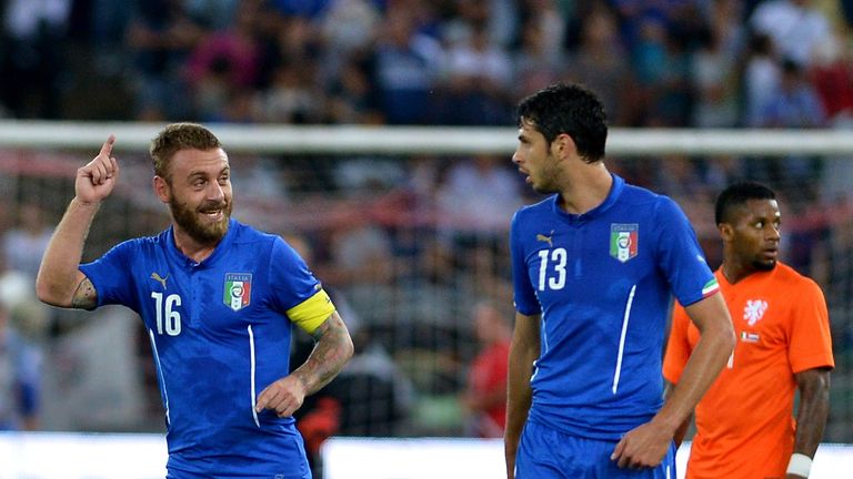 Italy midfielder Daniele De Rossi celebrates after scoring a penalty kick in the friendly football match v Netherlands in Bari