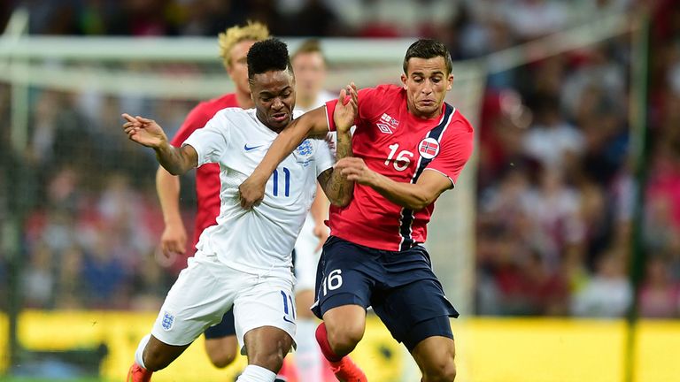 England's Raheem Sterling and Norway's Omar Elabdellaoui (right) battle for the ball during the International Friendly at Wembley Stadium, London.