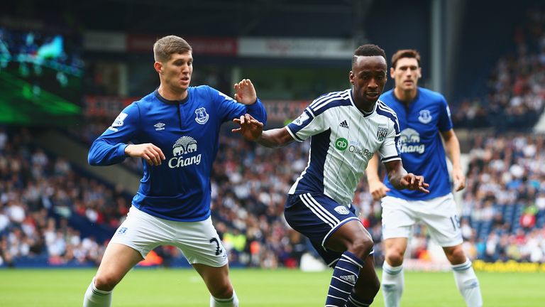 Saido Berahino of West Brom is closed down by John Stones of Everton 