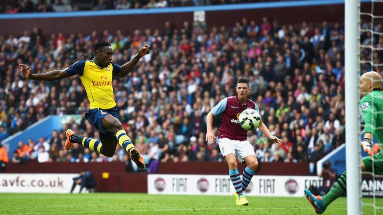 Danny Welbeck of Arsenal scores his team's second goal during the Barclays Premier League match at Aston Villa 