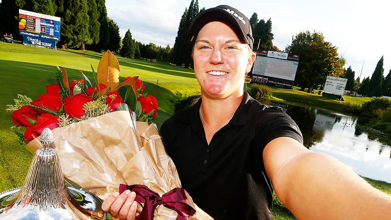 Austin Ernst celebrates her victory in the LPGA Portland Classic