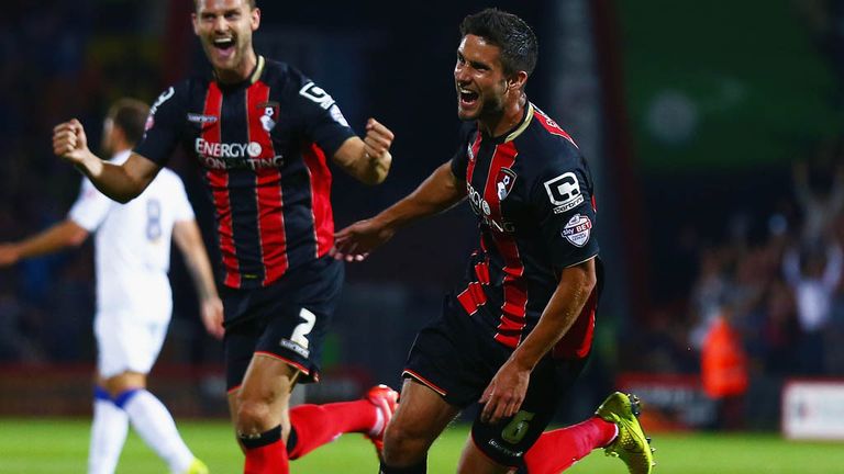 BOURNEMOUTH, ENGLAND - SEPTEMBER 16:  Andrew Surman (r) of AFC Bournemouth celebrates with his team scoring the opening goal during the Sky Bet Championshi