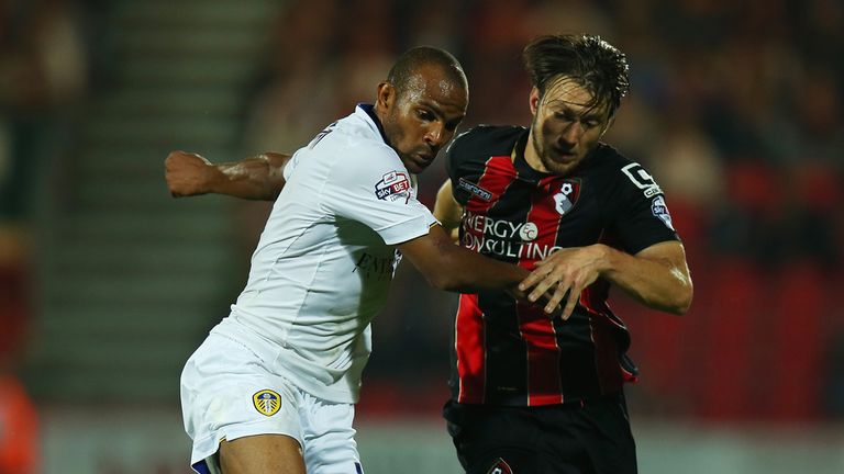 BOURNEMOUTH, ENGLAND - SEPTEMBER 16:  Rodolph Austin of Leeds United battles with Harry Arter of AFC Bournemouth battles with Stephen Warnock of Leeds Unit