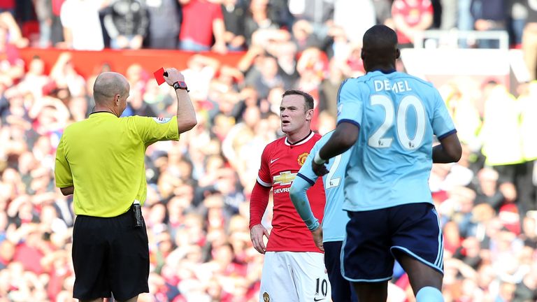 Wayne Rooney is dismissed in the second half of Manchester United's win against West Ham