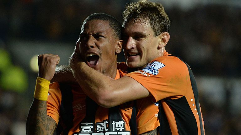 Hull City's Abel Hernandez (left) celebrates with Nikica Jelavic after scoring his side's first goal during the Barclays Premier League match at the KC Sta