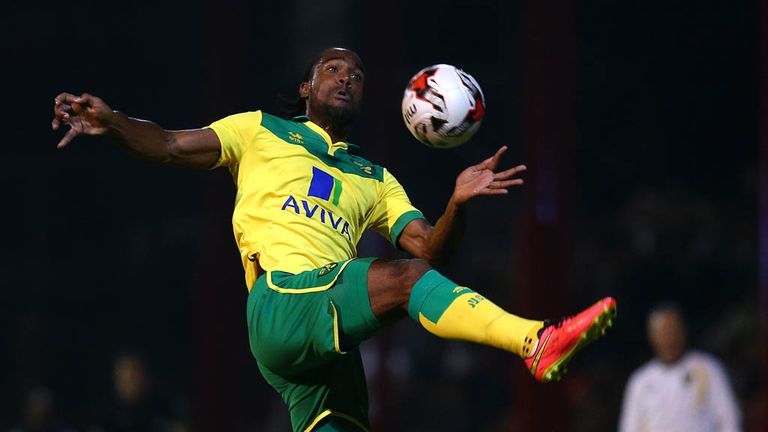 Cameron Jerome of Norwich looks to bring the ball under control during the Sky Bet Championship match between Brentford 
