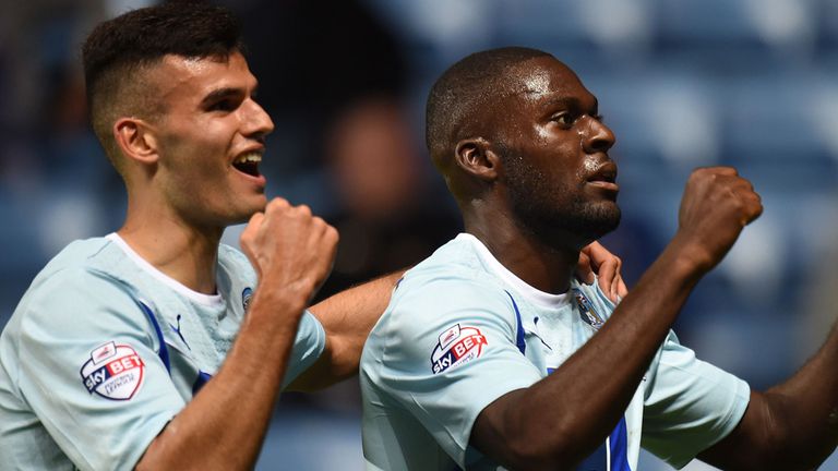 Coventry City's Frank Nouble (right) celebrates with Conor Thomas (left) scoring the opening goal  during the Sky Bet League One match at the Ricoh Arena, 