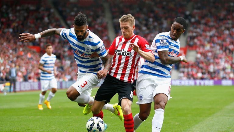 Steven Davis of Southampton battles with Armand Traore and Leroy Fer of QPR