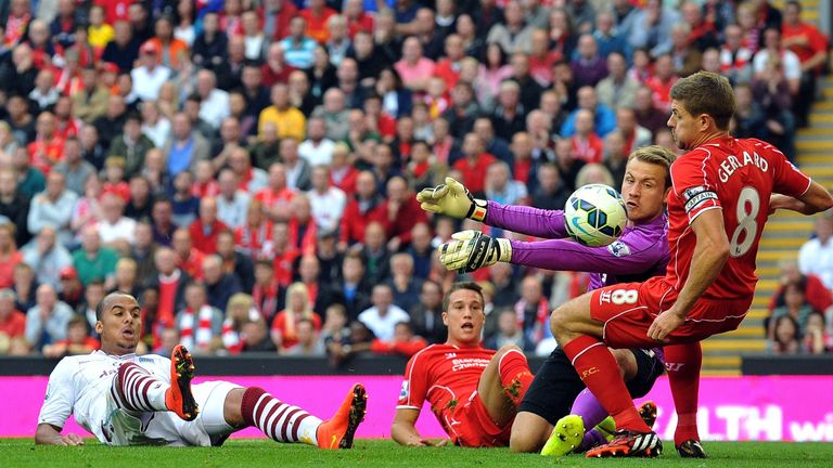 Aston Villa's English striker Gabriel Agbonlahor (L) scores past Liverpool's Belgian goalkeeper Simon Mignolet