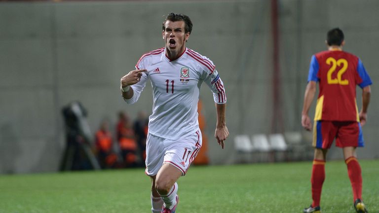 Wales' Gareth Bale celebrates scoring their first goal during the UEFA Euro 2016 Qualifying, Group B match away to Andorra