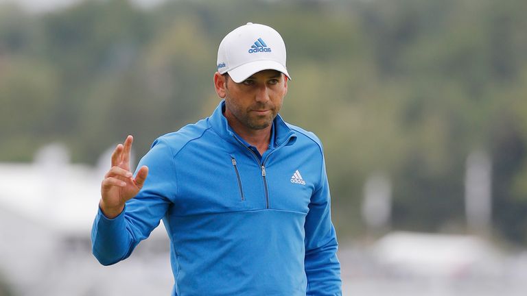 Sergio Garcia of Spain reacts to a birdie on the 18th green en route to a six-under par 64 during the second round of the BMW Championship