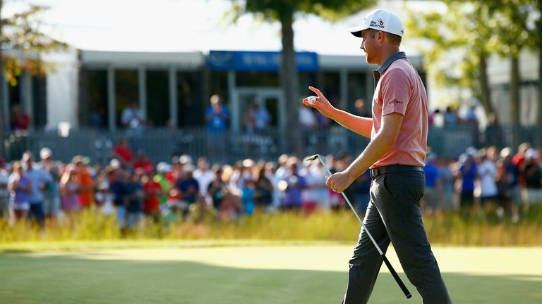 NORTON, MA - SEPTEMBER 01:  Chris Kirk  acknowledges the crowd as he walks on the 16th hole during the final round of the Deutsche Bank Championship at the