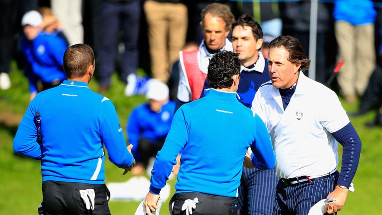Mickelson and Keegan Bradley beat Sergio Garcia and Rory McIlroy in the marquee match by one hole