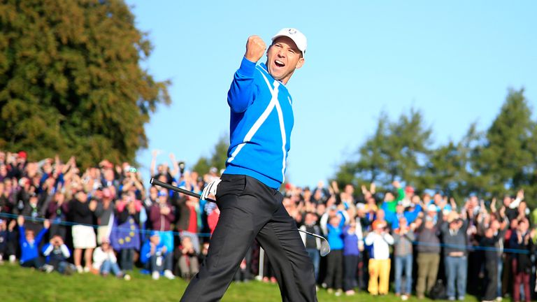 Sergio Garcia celebrates after superbly chipping in at the 4th