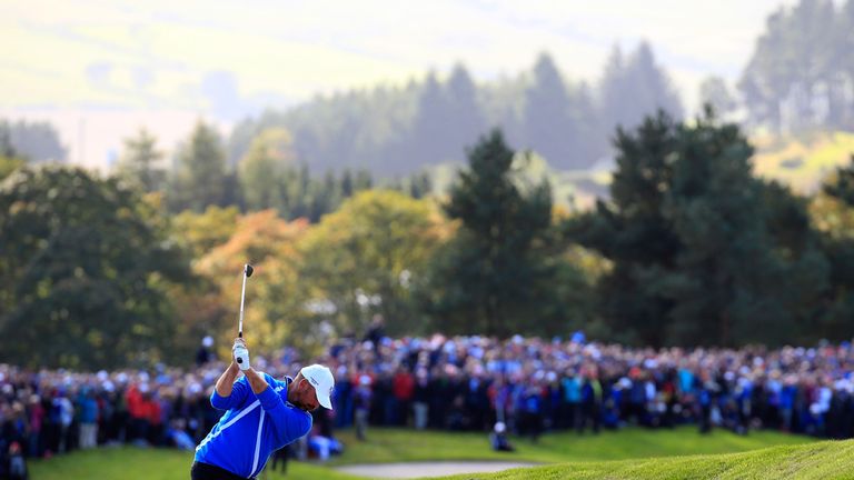 Europe's Thomas Bjorn hit a long iron at the 16th