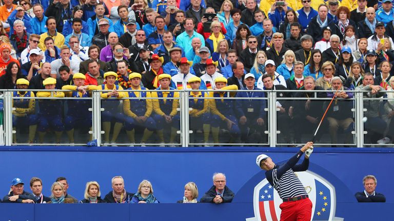 Jordan Spieth hits the first shot of the day with his US team 10-6 down and needing 8.5 points in the singles