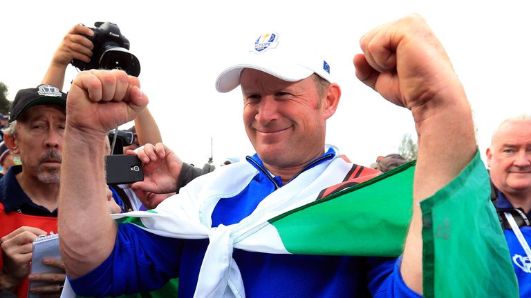 Europe's Jamie Donaldson celebrates after winning the Ryder cup on day three of the 40th Ryder Cup at Gleneagles Golf Course, Perthshire.