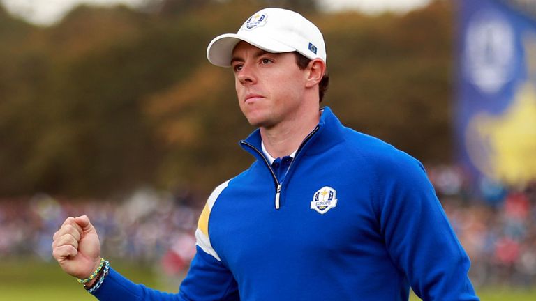 Europe's Rory McIlroy celebrates winning the first hole during the Singles matches on day three of the 40th Ryder Cup at Gleneagles Golf Course, Perthshire