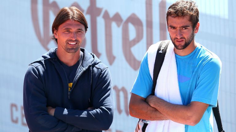 Marin Cilic with coach Goran Ivanisevic at the Mutua Madrid Open tennis tournament 2014