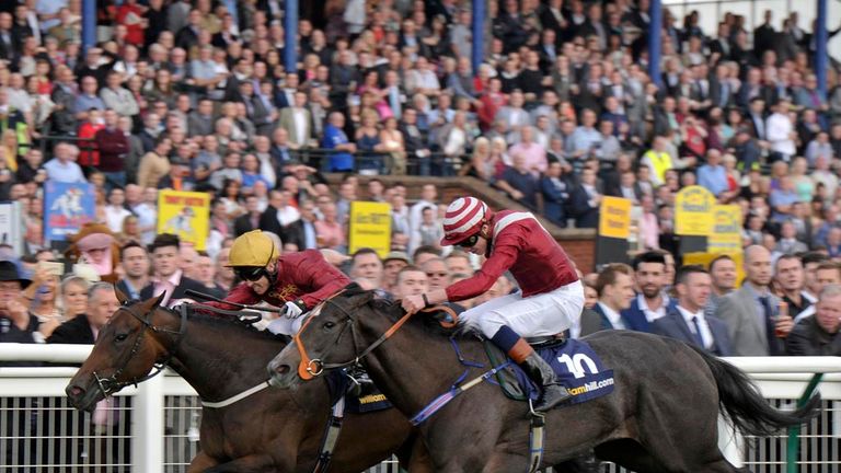 AYR, SCOTLAND - SEPTEMBER 20:  Graham Lee riding Dark Reckoning (yellow cap) wins The William Hill Firth of Clyde Stakes at Ayr.