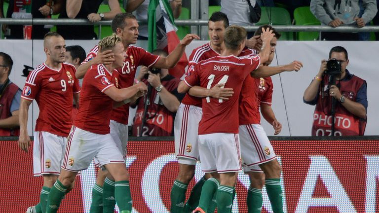 Hungary's players celebrate after scoring during the UEFA Euro 2016 Group F qualifying match of Hungary vs Northern Ireland on September 7, 2014 in Budapes