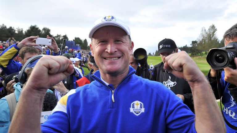 Jamie Donaldson of Wales celebrates after Europe recorded victory in the 2014 Ryder Cup at Gleneagles