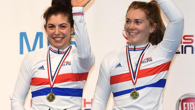 Danielle Khan (l) and Jess Varnish celebrate their track victory in Manchester