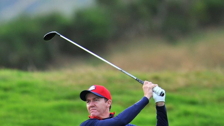 Jimmy Walker of Team US plays on the ninth hole during a practice session at the Gleneagles golf course ahead of Ryder Cup