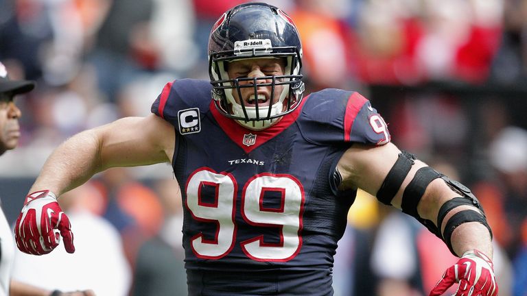 JJ Watt of the Houston Texans reacts after sacking Peyton Manning 