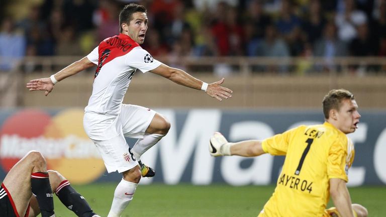 Joao Moutinho opens the scoring for Monaco against Bayer Leverkusen