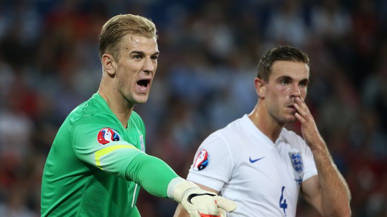 Joe Hart of England directs his teammates during the EURO 2016 Qualifier match between Switzerland and England