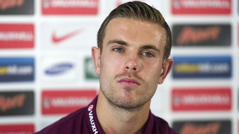 England's Jordan Henderson attends a press conference at the Grove Hotel in Watford